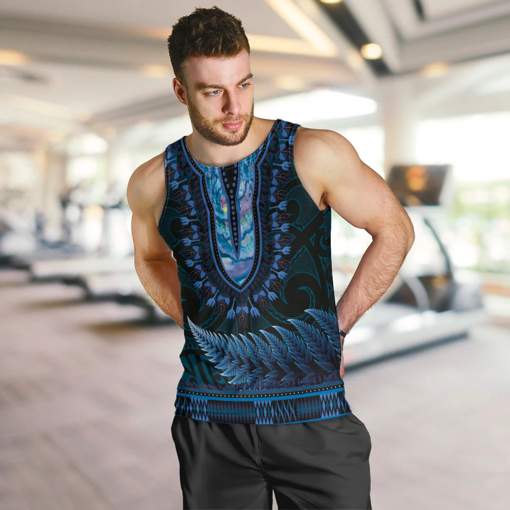 Blue African Dashiki With Aotearoa Maori Men Tank Top Paua Shell Mix Silver Fern - Vibe Hoodie Shop
