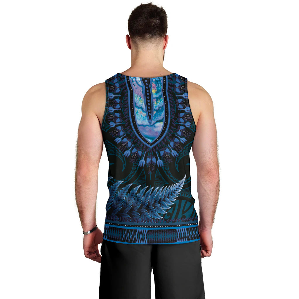 Blue African Dashiki With Aotearoa Maori Men Tank Top Paua Shell Mix Silver Fern - Vibe Hoodie Shop