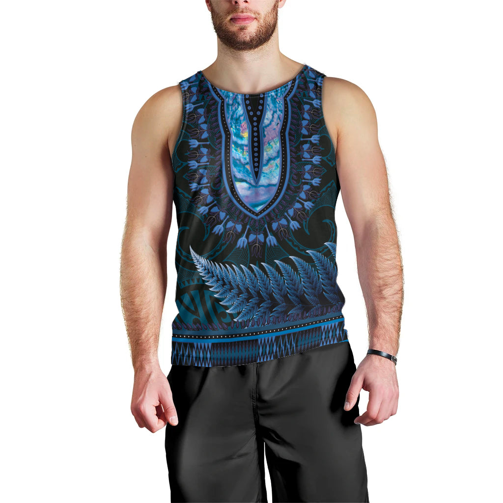 Blue African Dashiki With Aotearoa Maori Men Tank Top Paua Shell Mix Silver Fern - Vibe Hoodie Shop