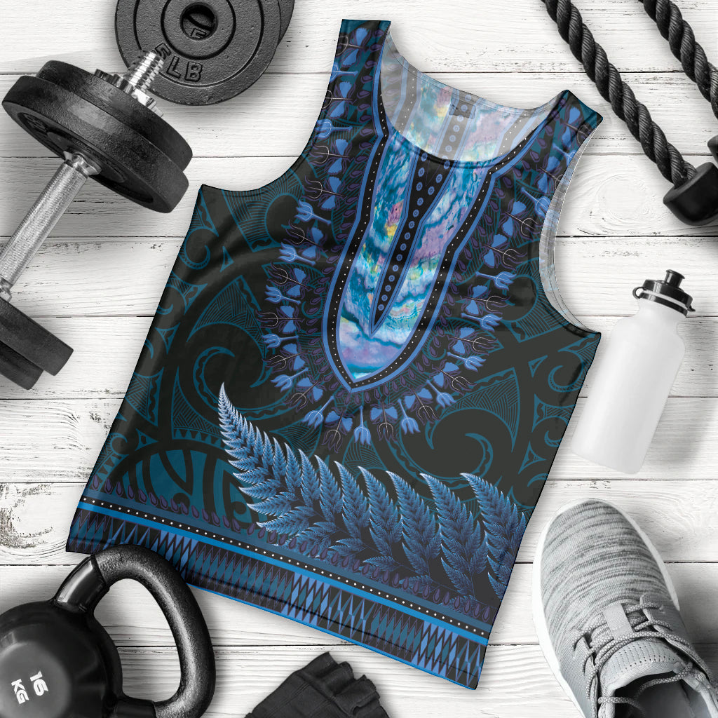 Blue African Dashiki With Aotearoa Maori Men Tank Top Paua Shell Mix Silver Fern - Vibe Hoodie Shop