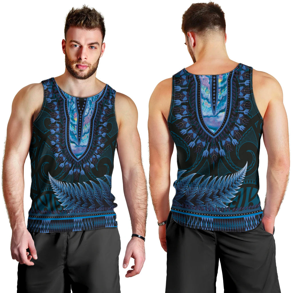 Blue African Dashiki With Aotearoa Maori Men Tank Top Paua Shell Mix Silver Fern - Vibe Hoodie Shop