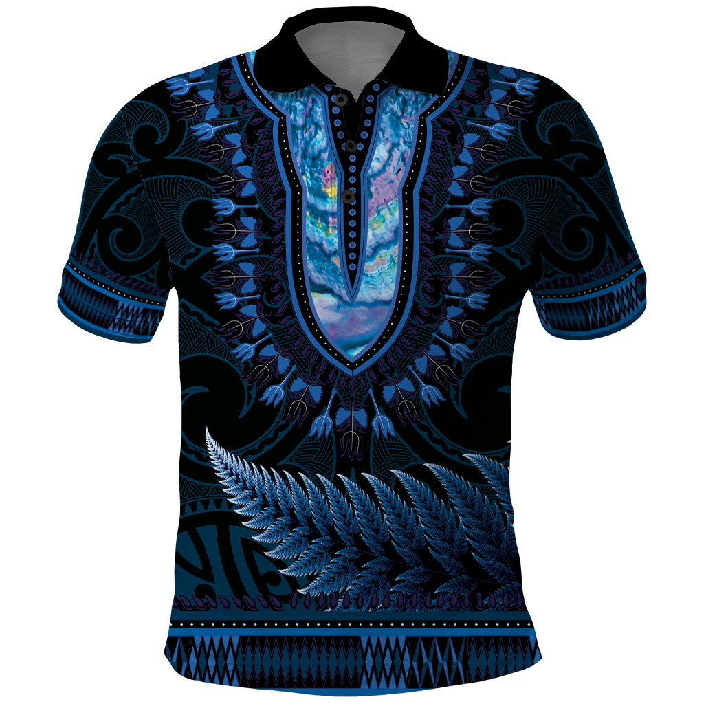 Blue African Dashiki With Aotearoa Maori Polo Shirt Paua Shell Mix Silver Fern - Vibe Hoodie Shop