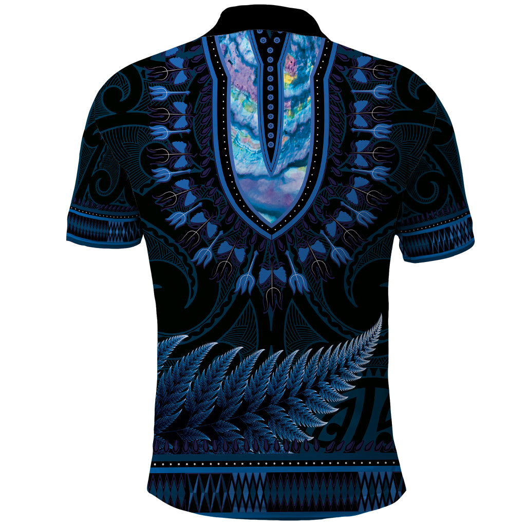 Blue African Dashiki With Aotearoa Maori Polo Shirt Paua Shell Mix Silver Fern - Vibe Hoodie Shop