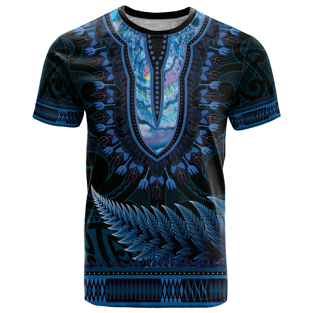 Blue African Dashiki With Aotearoa Maori T Shirt Paua Shell Mix Silver Fern - Vibe Hoodie Shop