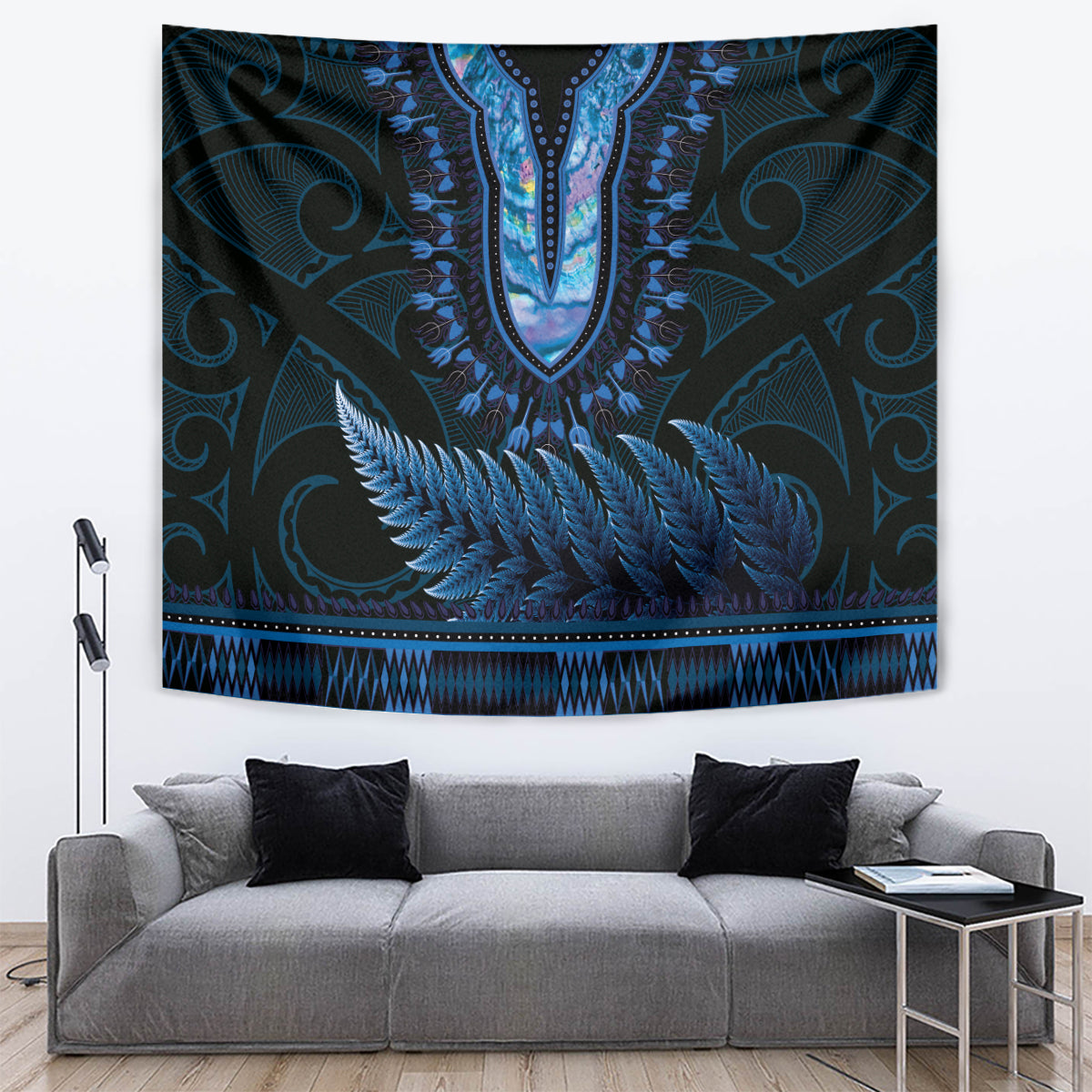 Blue African Dashiki With Aotearoa Maori Tapestry Paua Shell Mix Silver Fern - Vibe Hoodie Shop