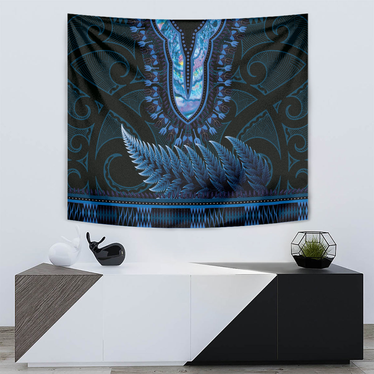 Blue African Dashiki With Aotearoa Maori Tapestry Paua Shell Mix Silver Fern - Vibe Hoodie Shop