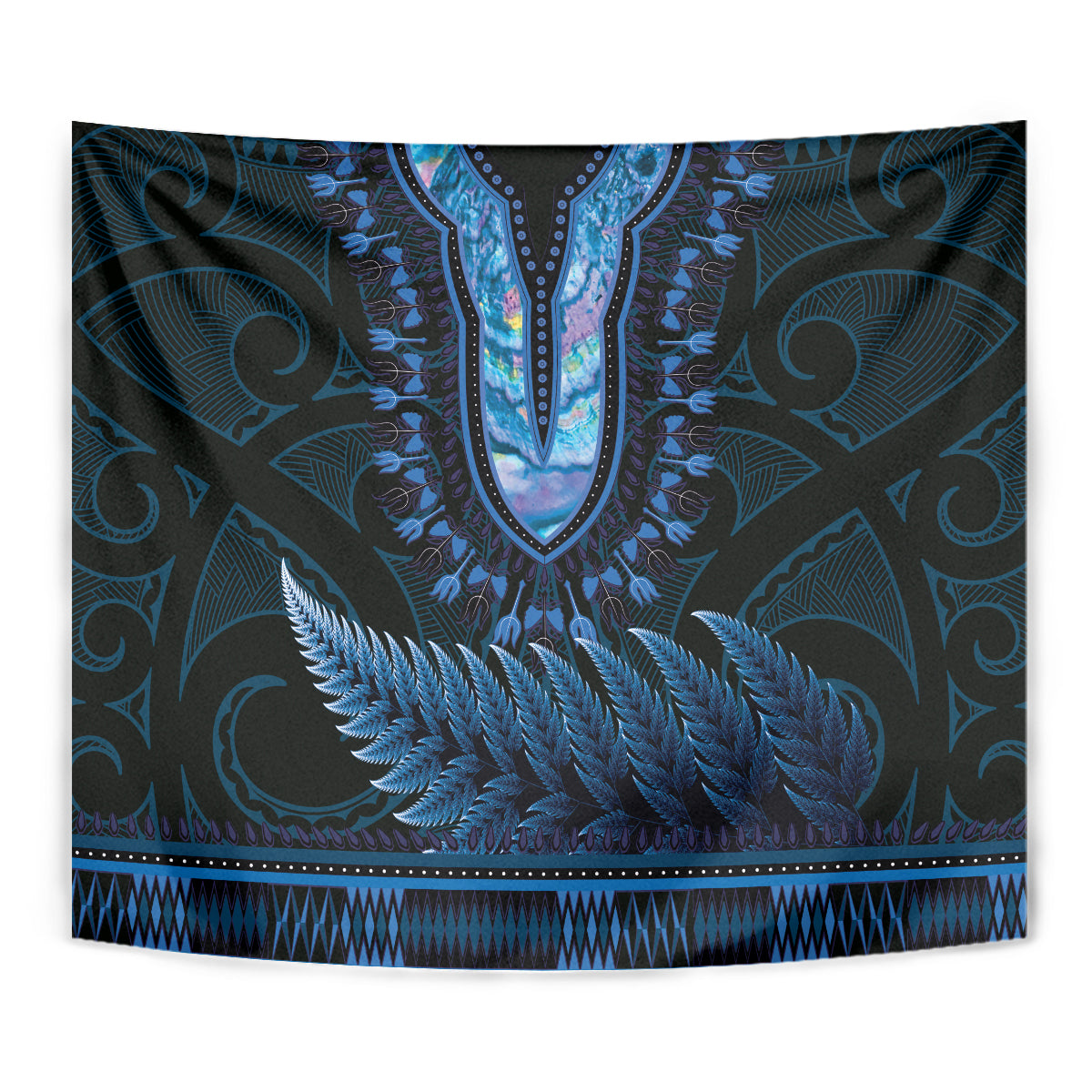 Blue African Dashiki With Aotearoa Maori Tapestry Paua Shell Mix Silver Fern - Vibe Hoodie Shop