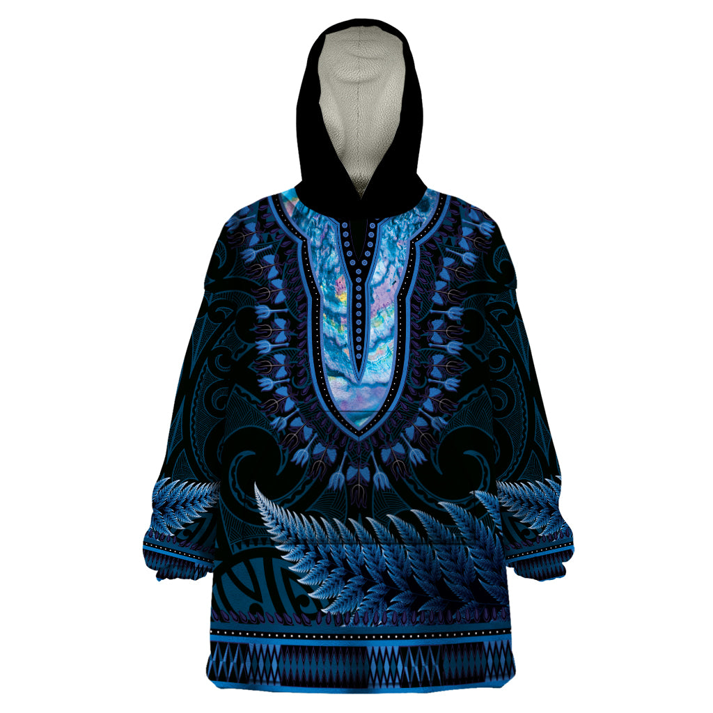 Blue African Dashiki With Aotearoa Maori Wearable Blanket Hoodie Paua Shell Mix Silver Fern - Vibe Hoodie Shop