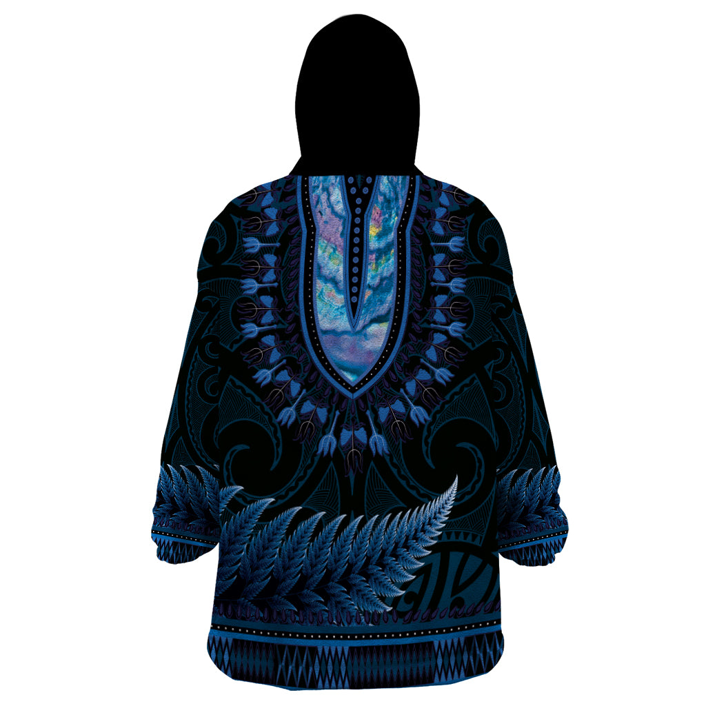 Blue African Dashiki With Aotearoa Maori Wearable Blanket Hoodie Paua Shell Mix Silver Fern - Vibe Hoodie Shop