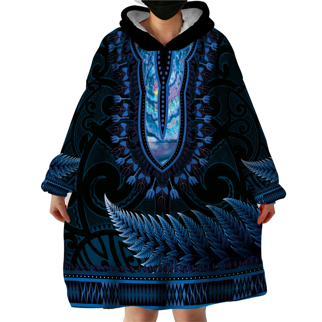 Blue African Dashiki With Aotearoa Maori Wearable Blanket Hoodie Paua Shell Mix Silver Fern - Vibe Hoodie Shop