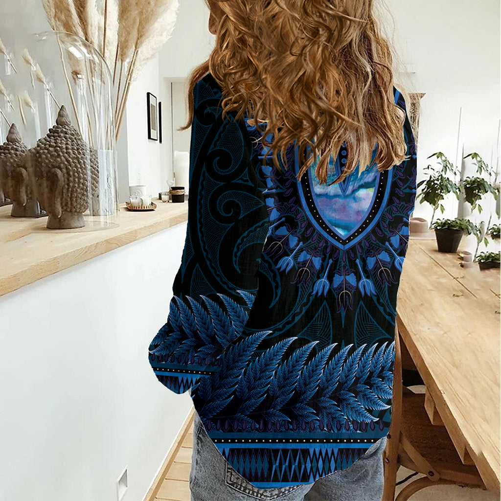 Blue African Dashiki With Aotearoa Maori Women Casual Shirt Paua Shell Mix Silver Fern - Vibe Hoodie Shop
