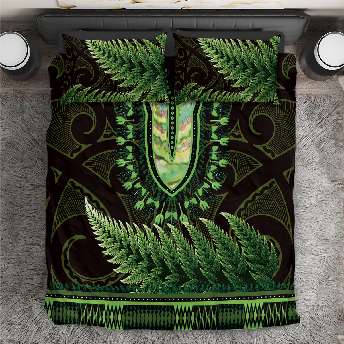Lime Green African Dashiki With Aotearoa Maori Bedding Set Paua Shell Mix Silver Fern - Vibe Hoodie Shop
