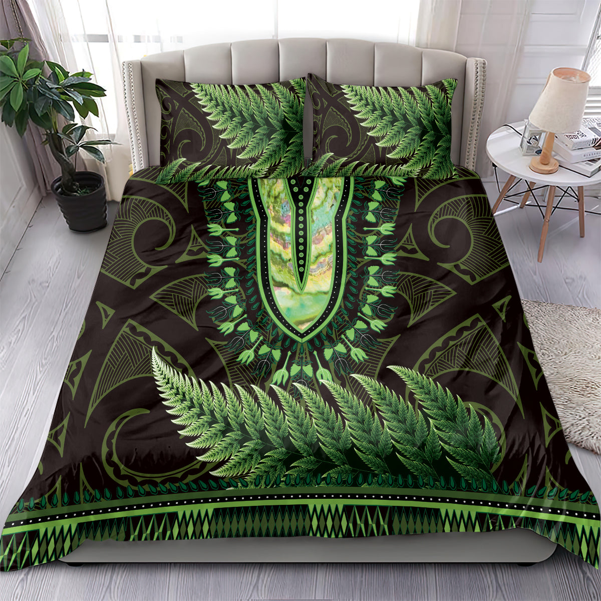 Lime Green African Dashiki With Aotearoa Maori Bedding Set Paua Shell Mix Silver Fern - Vibe Hoodie Shop