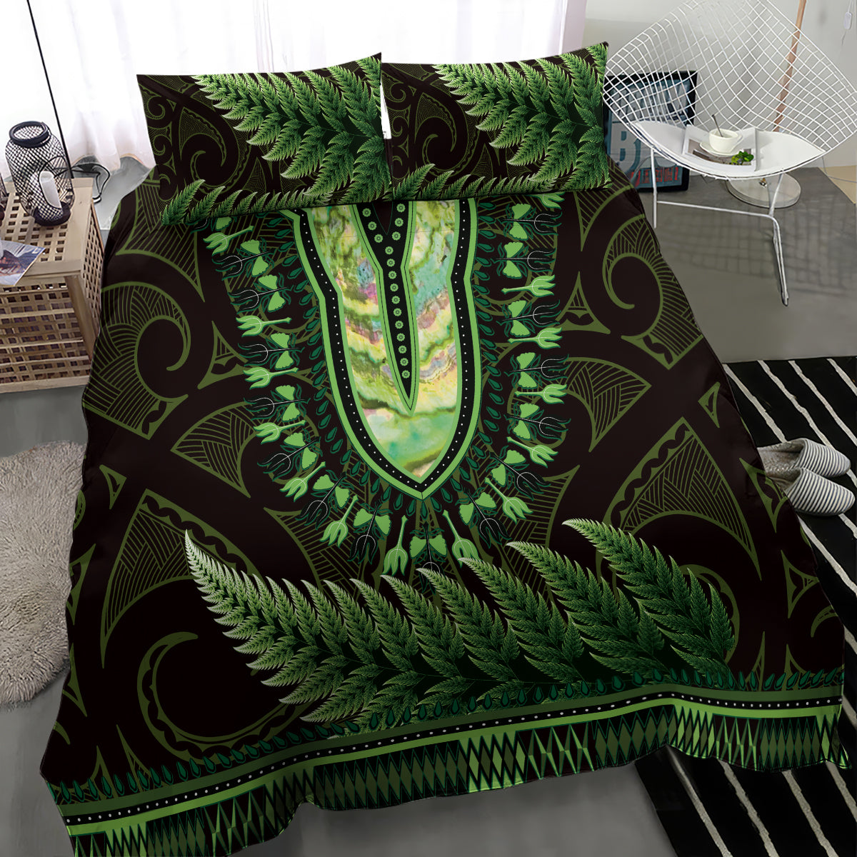 Lime Green African Dashiki With Aotearoa Maori Bedding Set Paua Shell Mix Silver Fern - Vibe Hoodie Shop