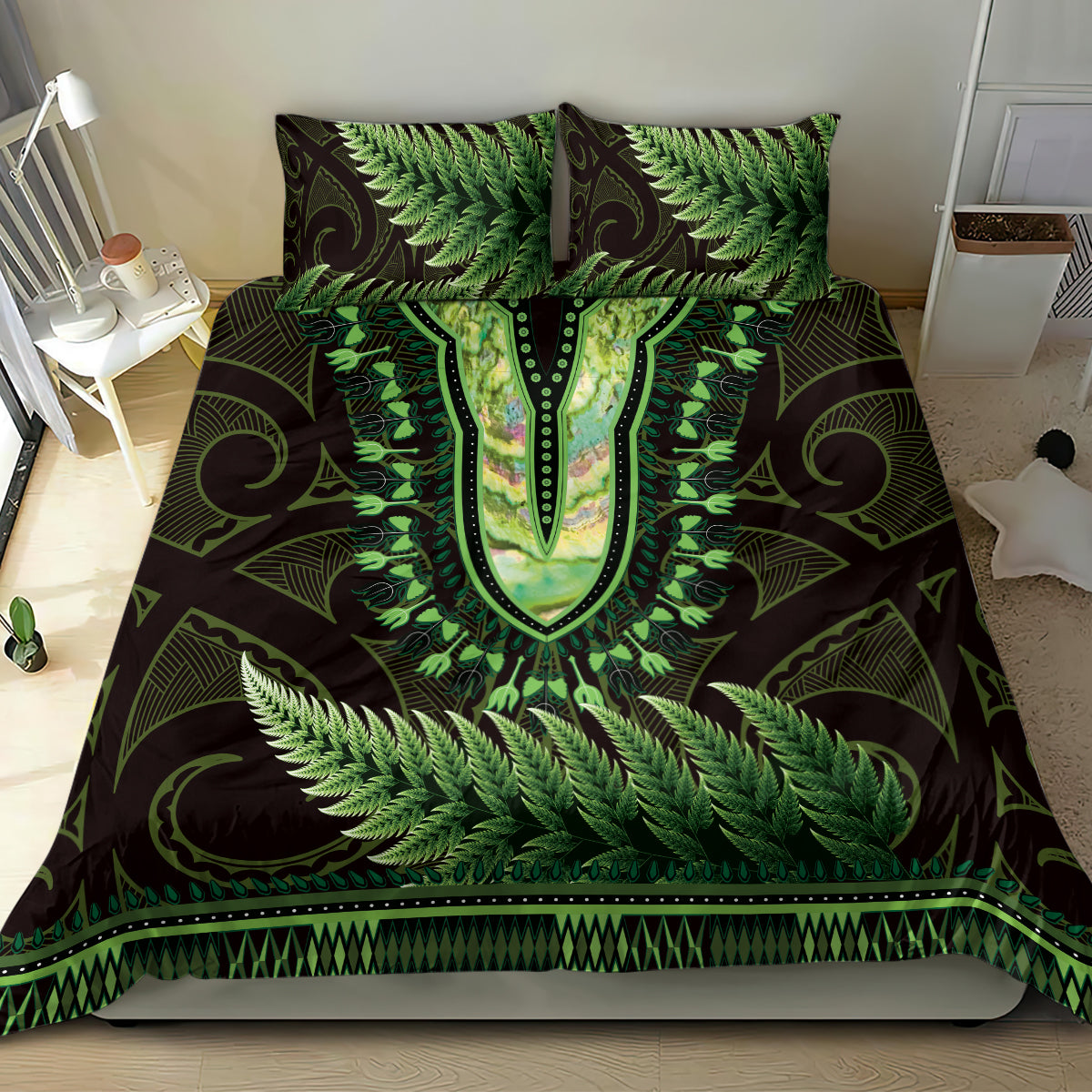 Lime Green African Dashiki With Aotearoa Maori Bedding Set Paua Shell Mix Silver Fern - Vibe Hoodie Shop