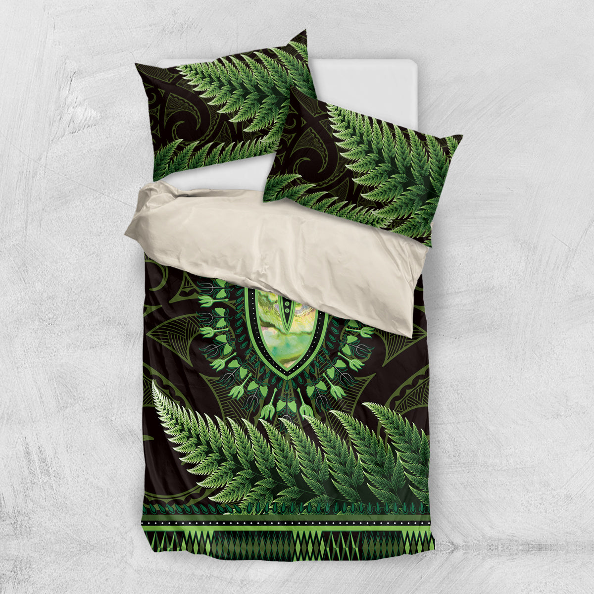 Lime Green African Dashiki With Aotearoa Maori Bedding Set Paua Shell Mix Silver Fern - Vibe Hoodie Shop