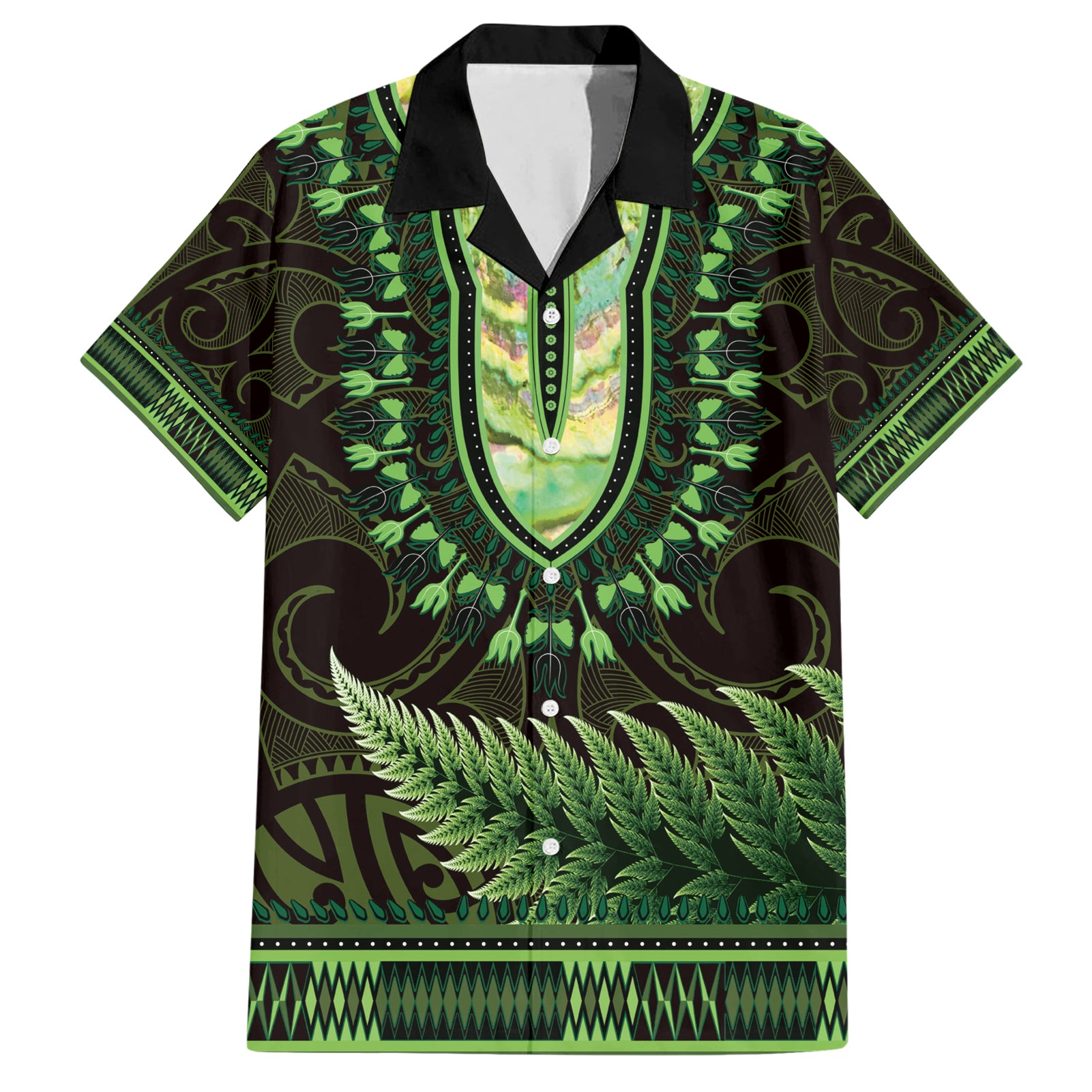 Lime Green African Dashiki With Aotearoa Maori Hawaiian Shirt Paua Shell Mix Silver Fern - Vibe Hoodie Shop