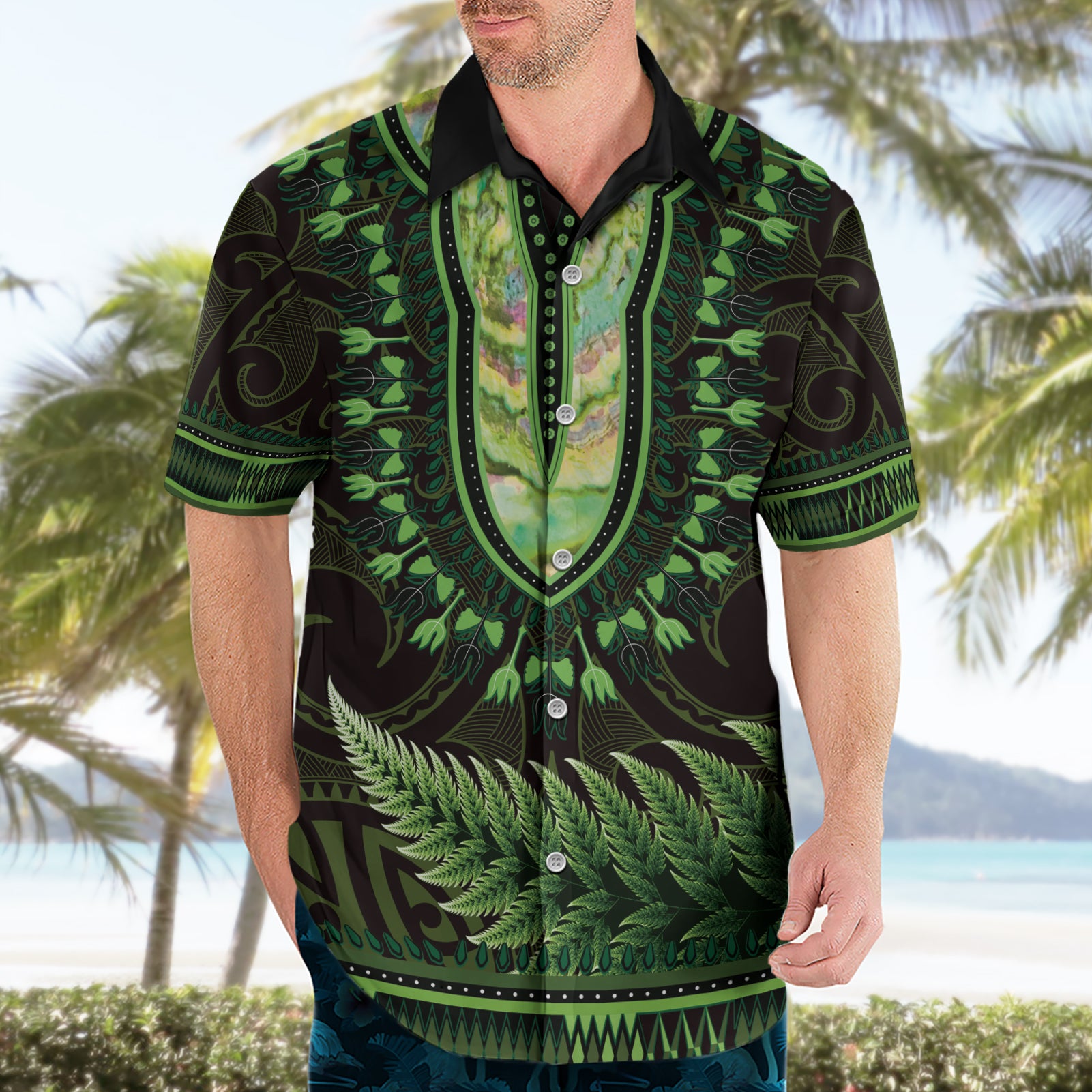 Lime Green African Dashiki With Aotearoa Maori Hawaiian Shirt Paua Shell Mix Silver Fern - Vibe Hoodie Shop