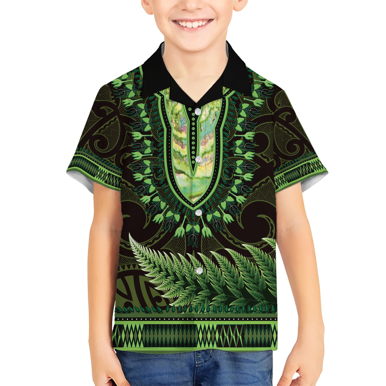 Lime Green African Dashiki With Aotearoa Maori Hawaiian Shirt Paua Shell Mix Silver Fern - Vibe Hoodie Shop