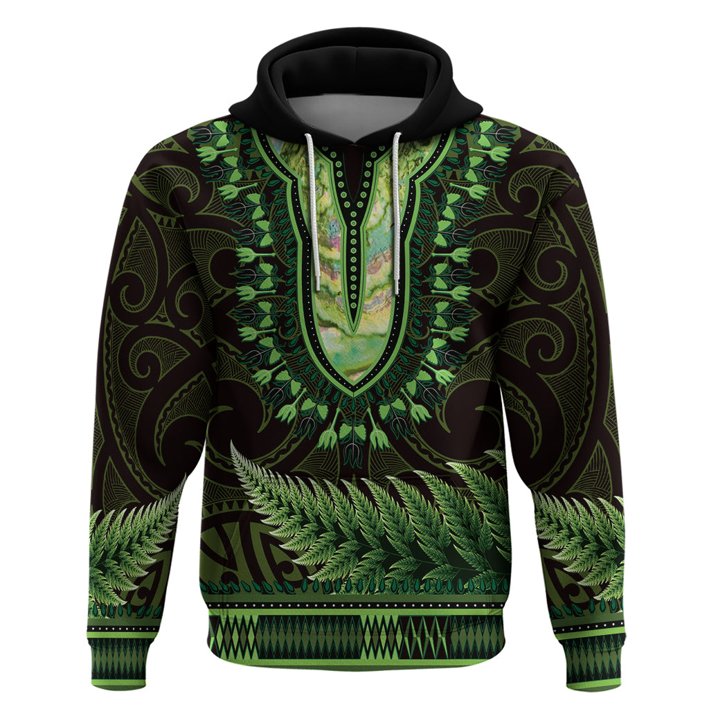 Lime Green African Dashiki With Aotearoa Maori Hoodie Paua Shell Mix Silver Fern - Vibe Hoodie Shop