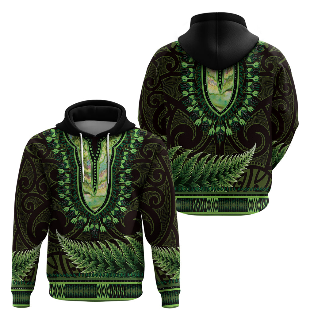 Lime Green African Dashiki With Aotearoa Maori Hoodie Paua Shell Mix Silver Fern - Vibe Hoodie Shop