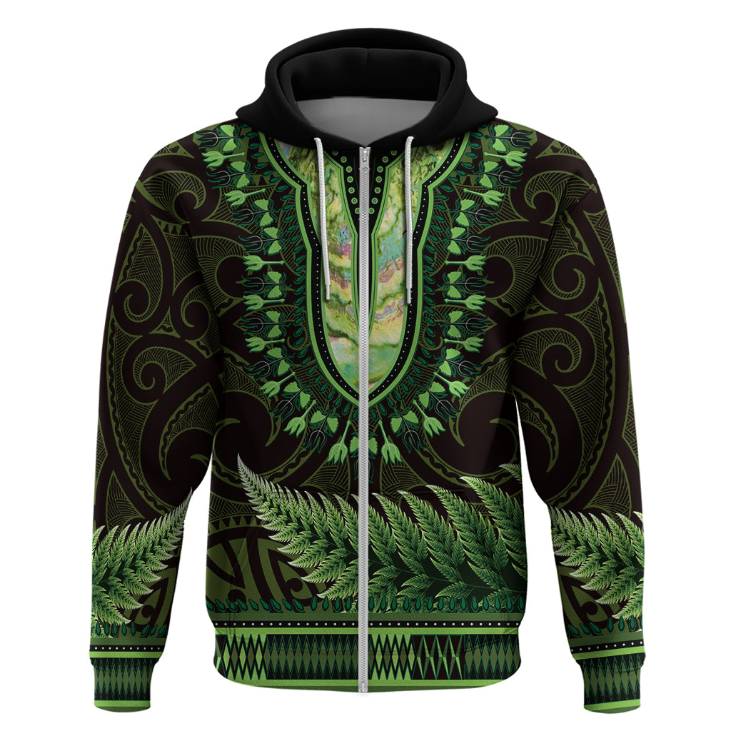 Lime Green African Dashiki With Aotearoa Maori Hoodie Paua Shell Mix Silver Fern - Vibe Hoodie Shop