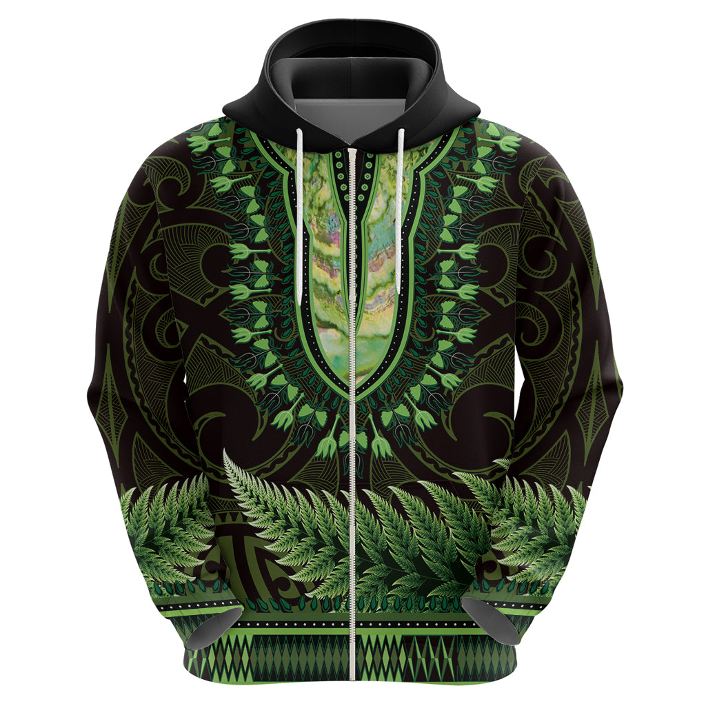 Lime Green African Dashiki With Aotearoa Maori Hoodie Paua Shell Mix Silver Fern - Vibe Hoodie Shop