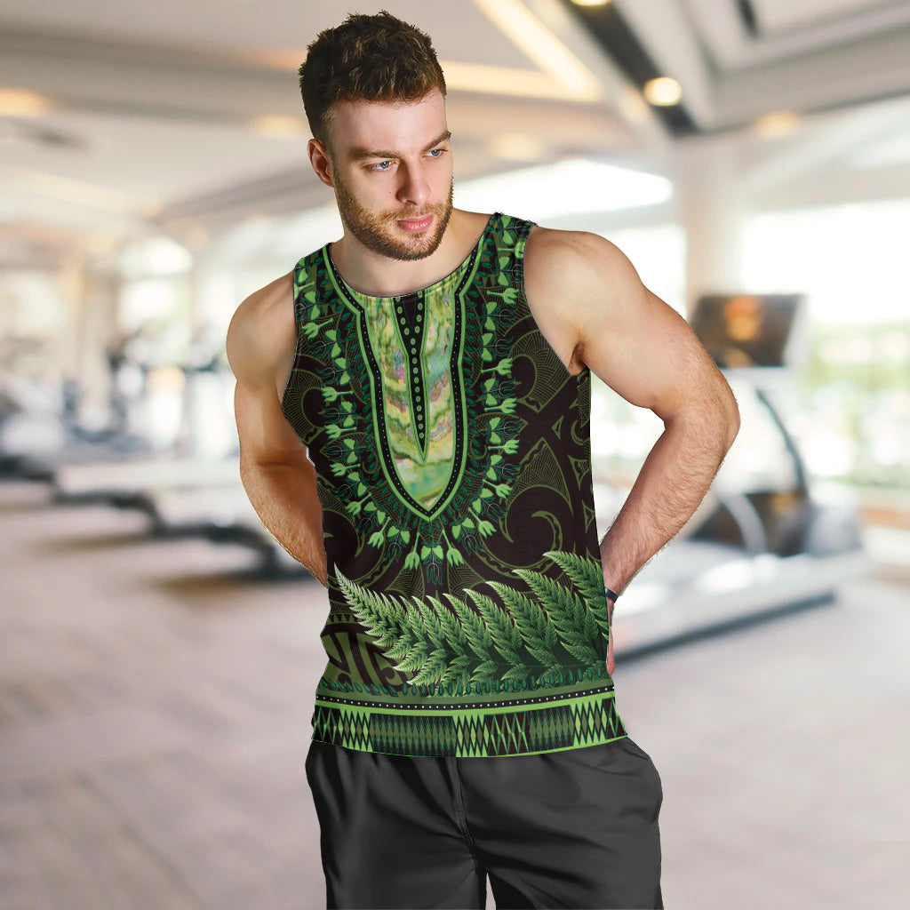 Lime Green African Dashiki With Aotearoa Maori Men Tank Top Paua Shell Mix Silver Fern - Vibe Hoodie Shop