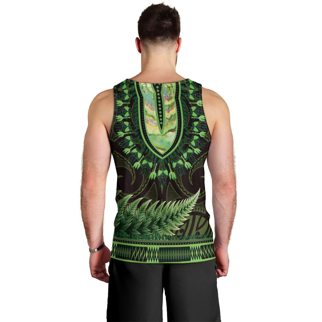 Lime Green African Dashiki With Aotearoa Maori Men Tank Top Paua Shell Mix Silver Fern - Vibe Hoodie Shop