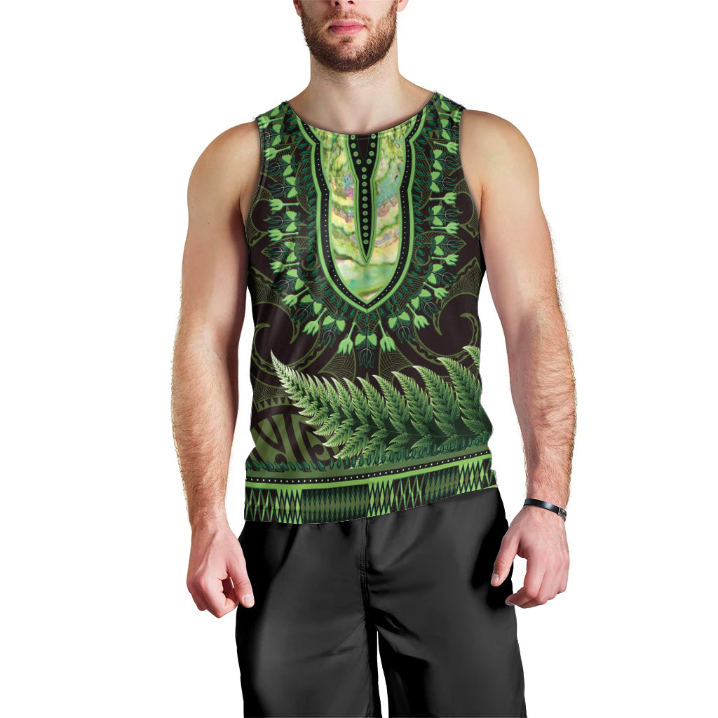 Lime Green African Dashiki With Aotearoa Maori Men Tank Top Paua Shell Mix Silver Fern - Vibe Hoodie Shop