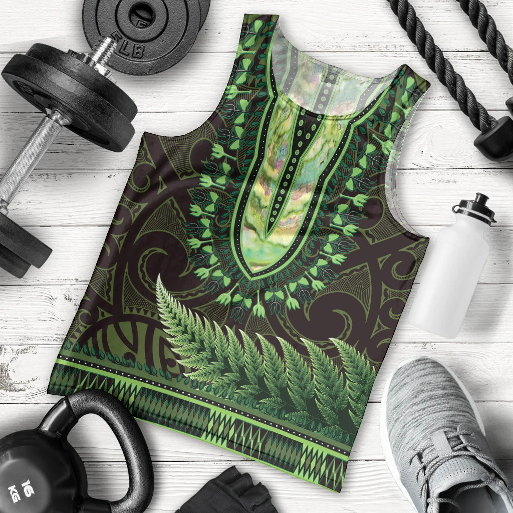 Lime Green African Dashiki With Aotearoa Maori Men Tank Top Paua Shell Mix Silver Fern - Vibe Hoodie Shop