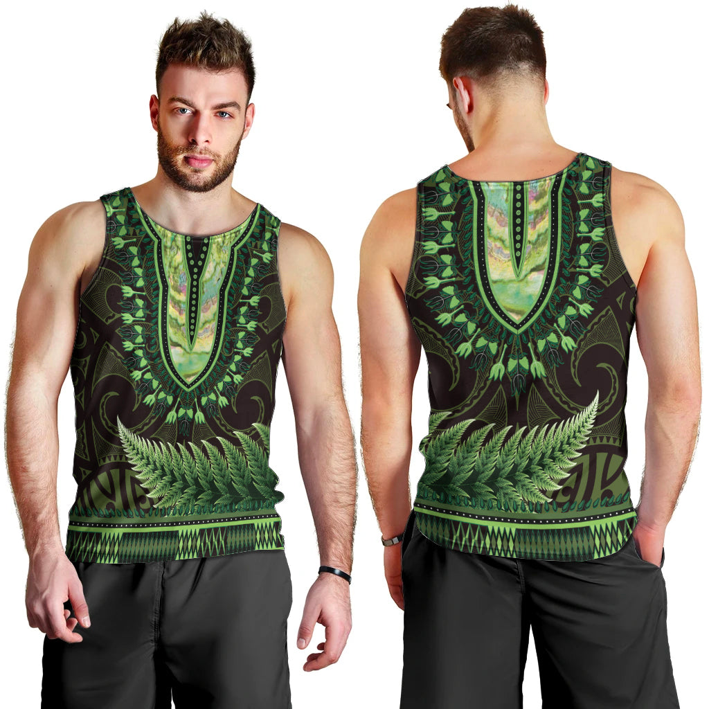 Lime Green African Dashiki With Aotearoa Maori Men Tank Top Paua Shell Mix Silver Fern - Vibe Hoodie Shop