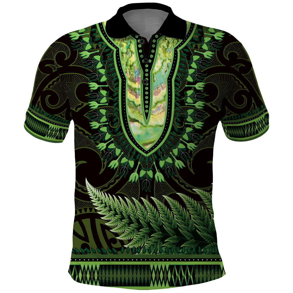 Lime Green African Dashiki With Aotearoa Maori Polo Shirt Paua Shell Mix Silver Fern - Vibe Hoodie Shop
