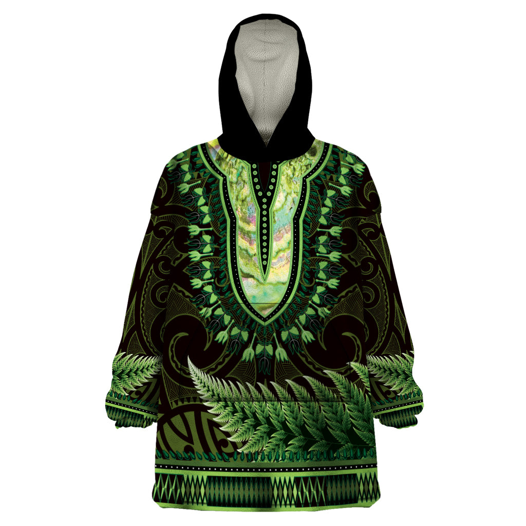 Lime Green African Dashiki With Aotearoa Maori Wearable Blanket Hoodie Paua Shell Mix Silver Fern - Vibe Hoodie Shop