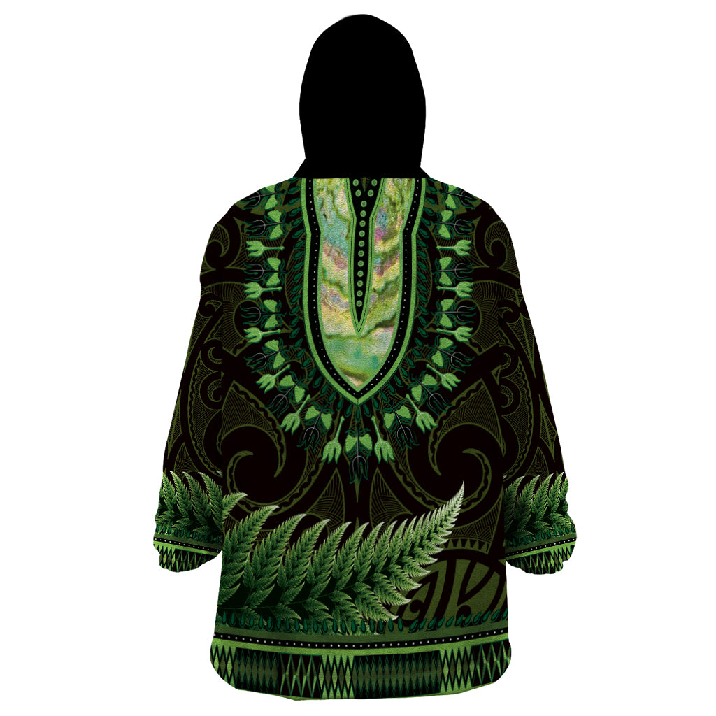 Lime Green African Dashiki With Aotearoa Maori Wearable Blanket Hoodie Paua Shell Mix Silver Fern - Vibe Hoodie Shop