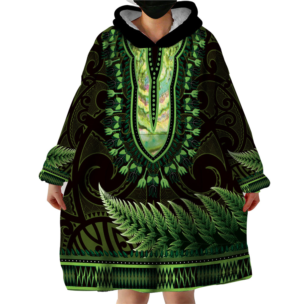 Lime Green African Dashiki With Aotearoa Maori Wearable Blanket Hoodie Paua Shell Mix Silver Fern - Vibe Hoodie Shop