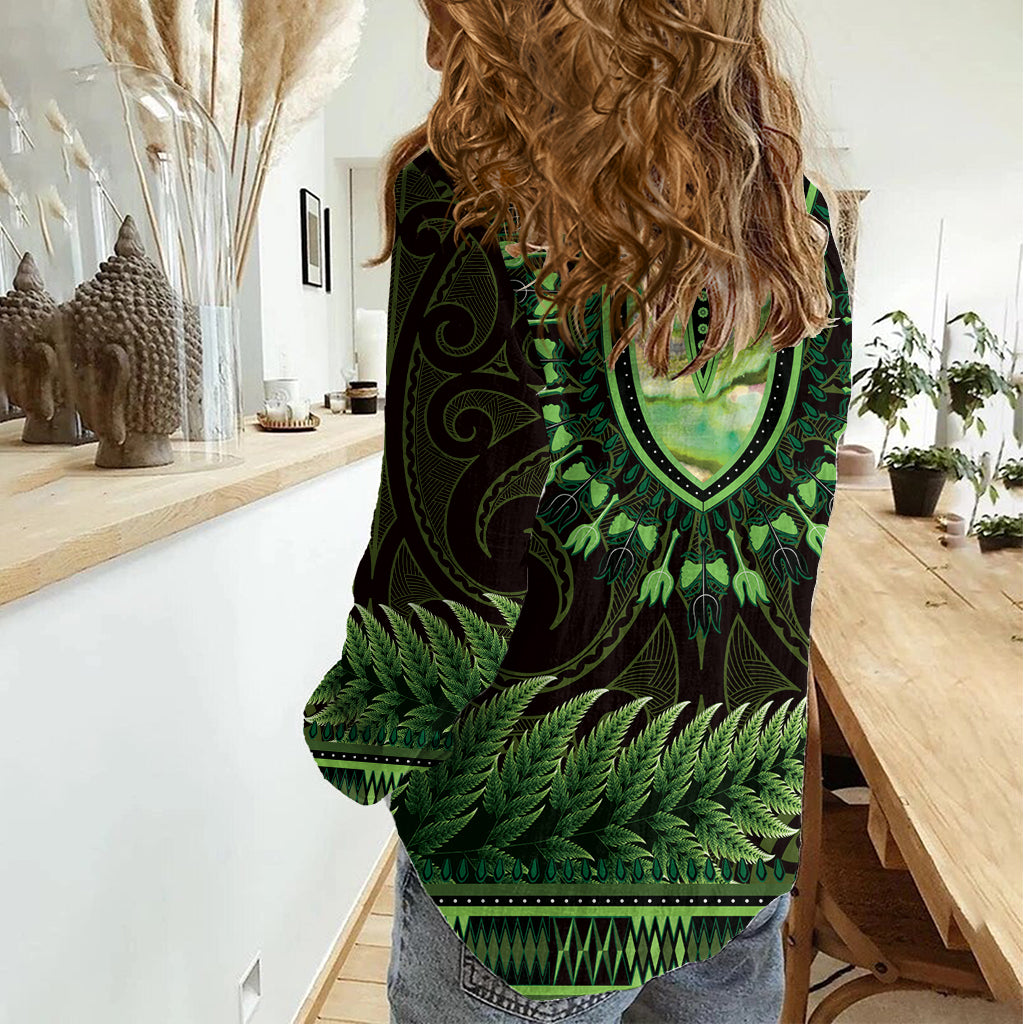 Lime Green African Dashiki With Aotearoa Maori Women Casual Shirt Paua Shell Mix Silver Fern - Vibe Hoodie Shop