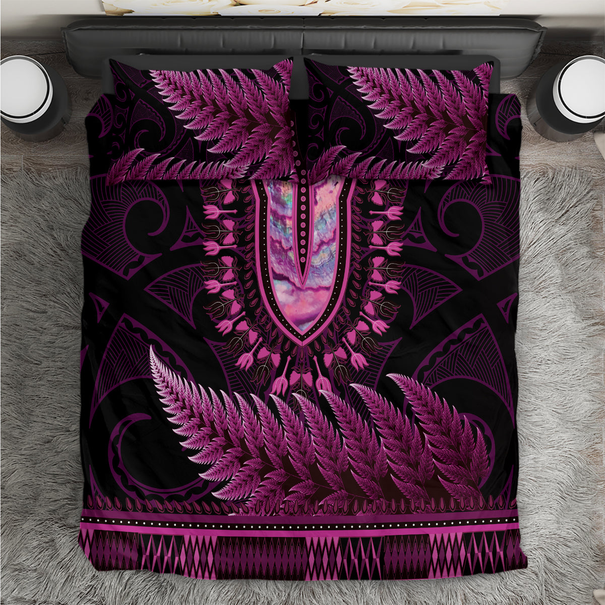 Pink African Dashiki With Aotearoa Maori Bedding Set Paua Shell Mix Silver Fern - Vibe Hoodie Shop