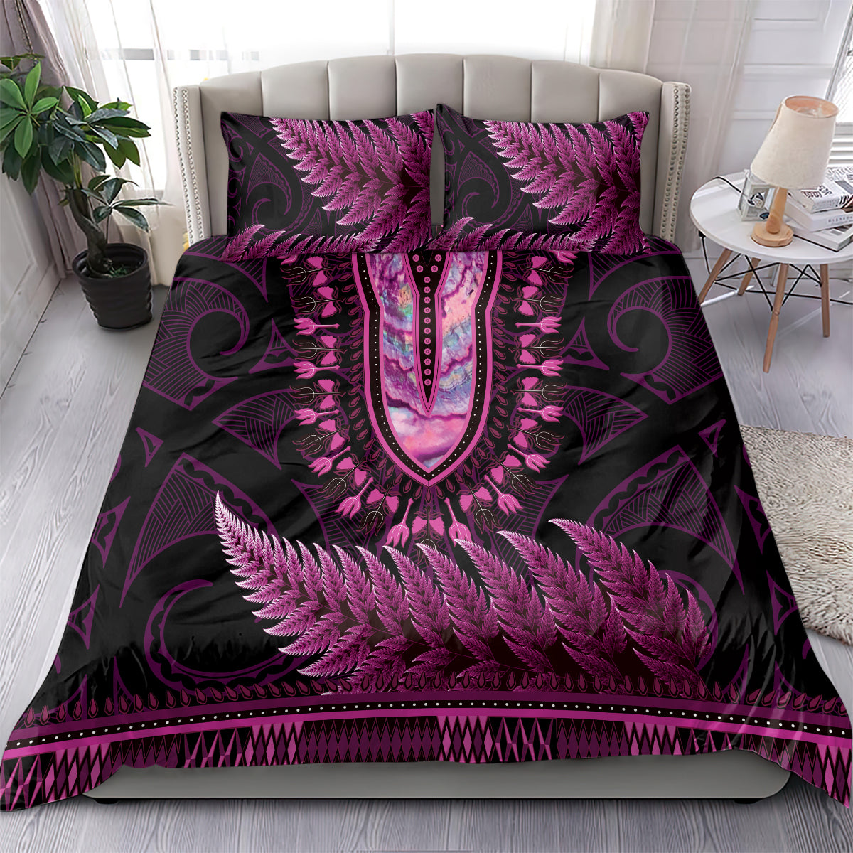 Pink African Dashiki With Aotearoa Maori Bedding Set Paua Shell Mix Silver Fern - Vibe Hoodie Shop