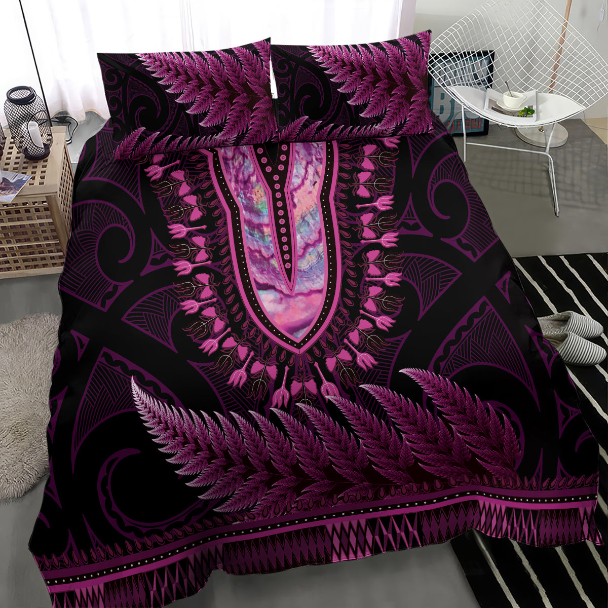 Pink African Dashiki With Aotearoa Maori Bedding Set Paua Shell Mix Silver Fern - Vibe Hoodie Shop