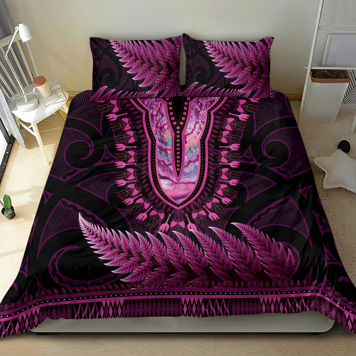 Pink African Dashiki With Aotearoa Maori Bedding Set Paua Shell Mix Silver Fern - Vibe Hoodie Shop
