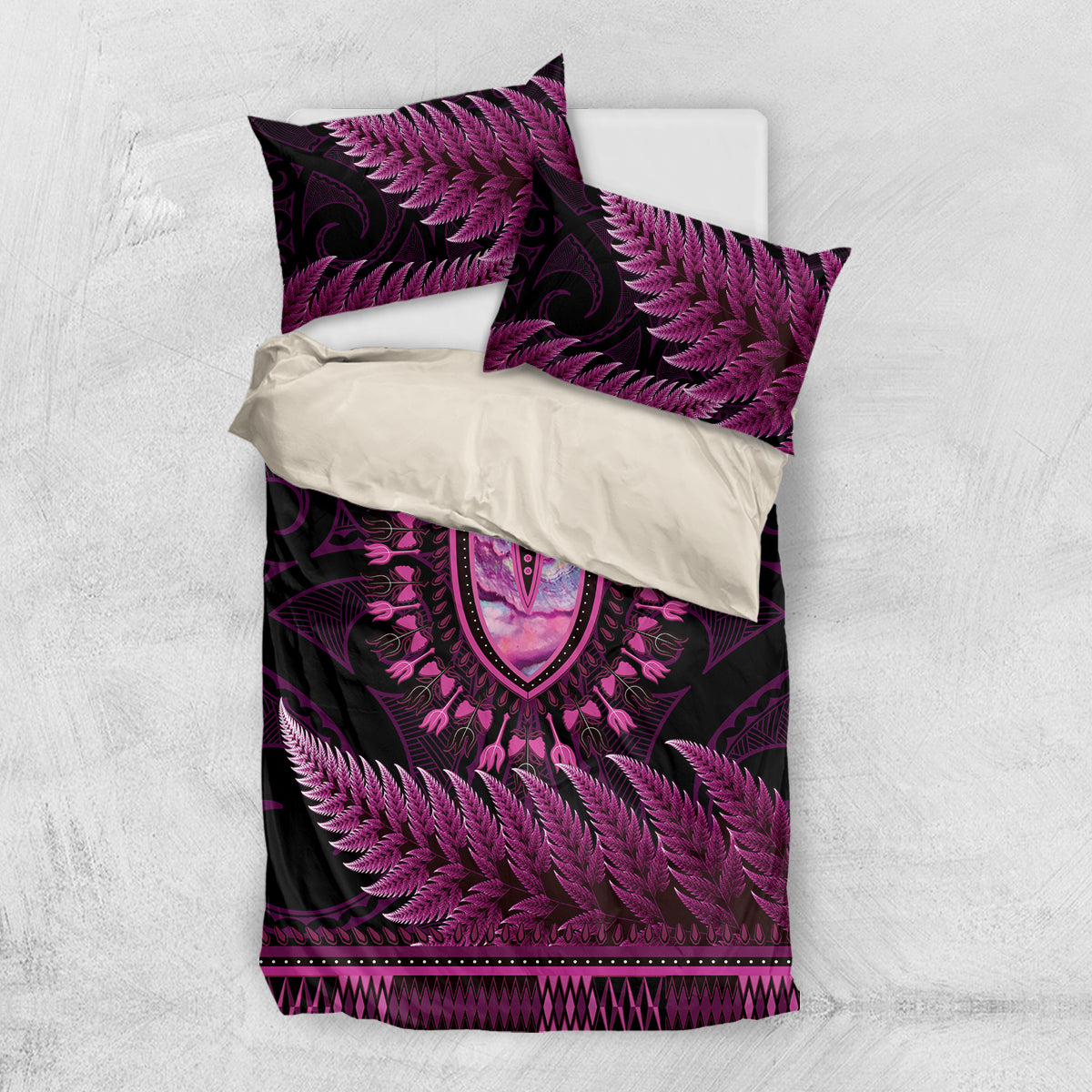 Pink African Dashiki With Aotearoa Maori Bedding Set Paua Shell Mix Silver Fern - Vibe Hoodie Shop