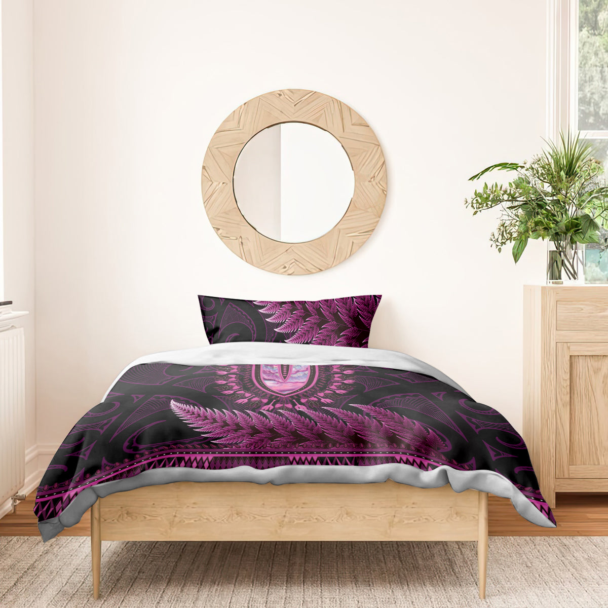 Pink African Dashiki With Aotearoa Maori Bedding Set Paua Shell Mix Silver Fern - Vibe Hoodie Shop