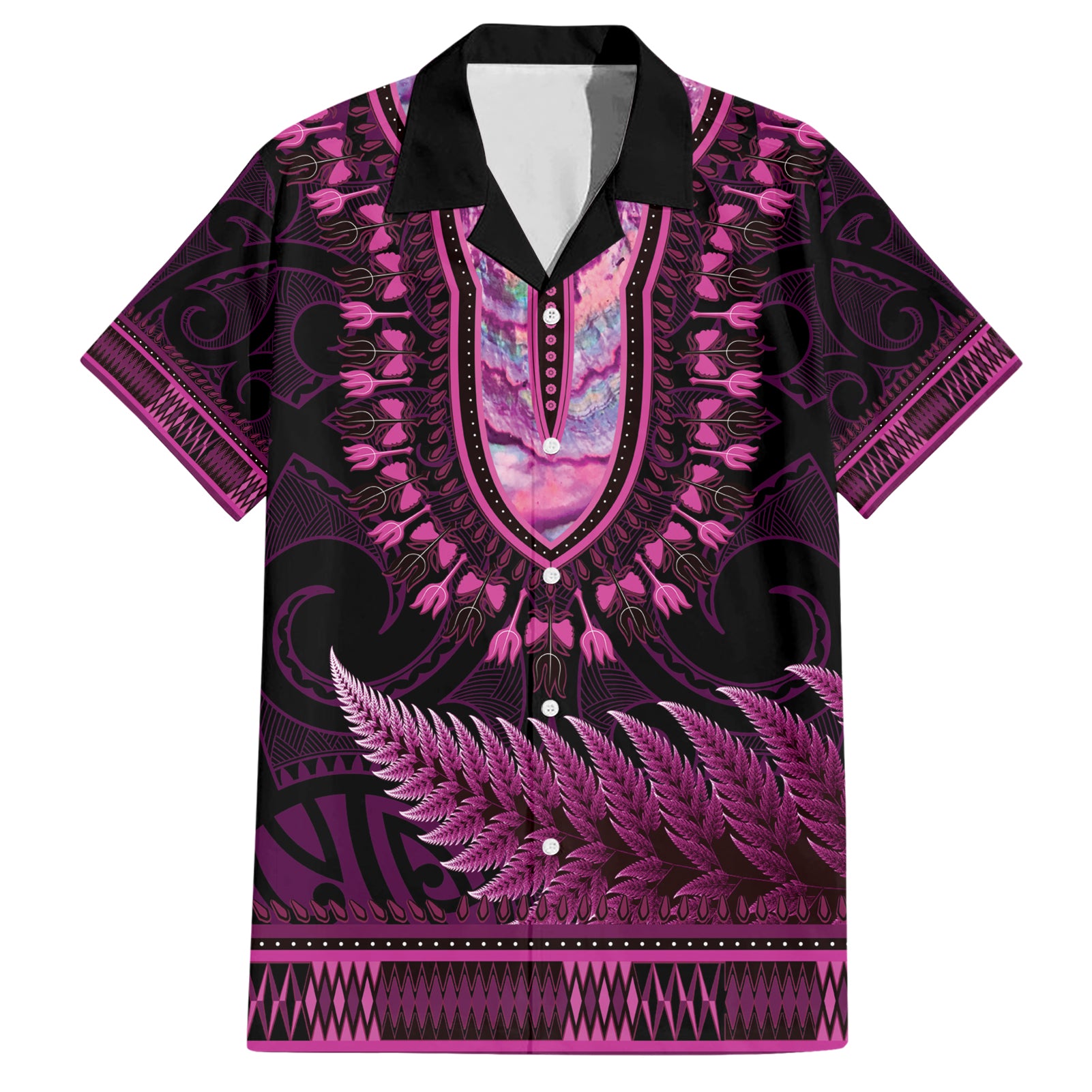 Pink African Dashiki With Aotearoa Maori Hawaiian Shirt Paua Shell Mix Silver Fern - Vibe Hoodie Shop