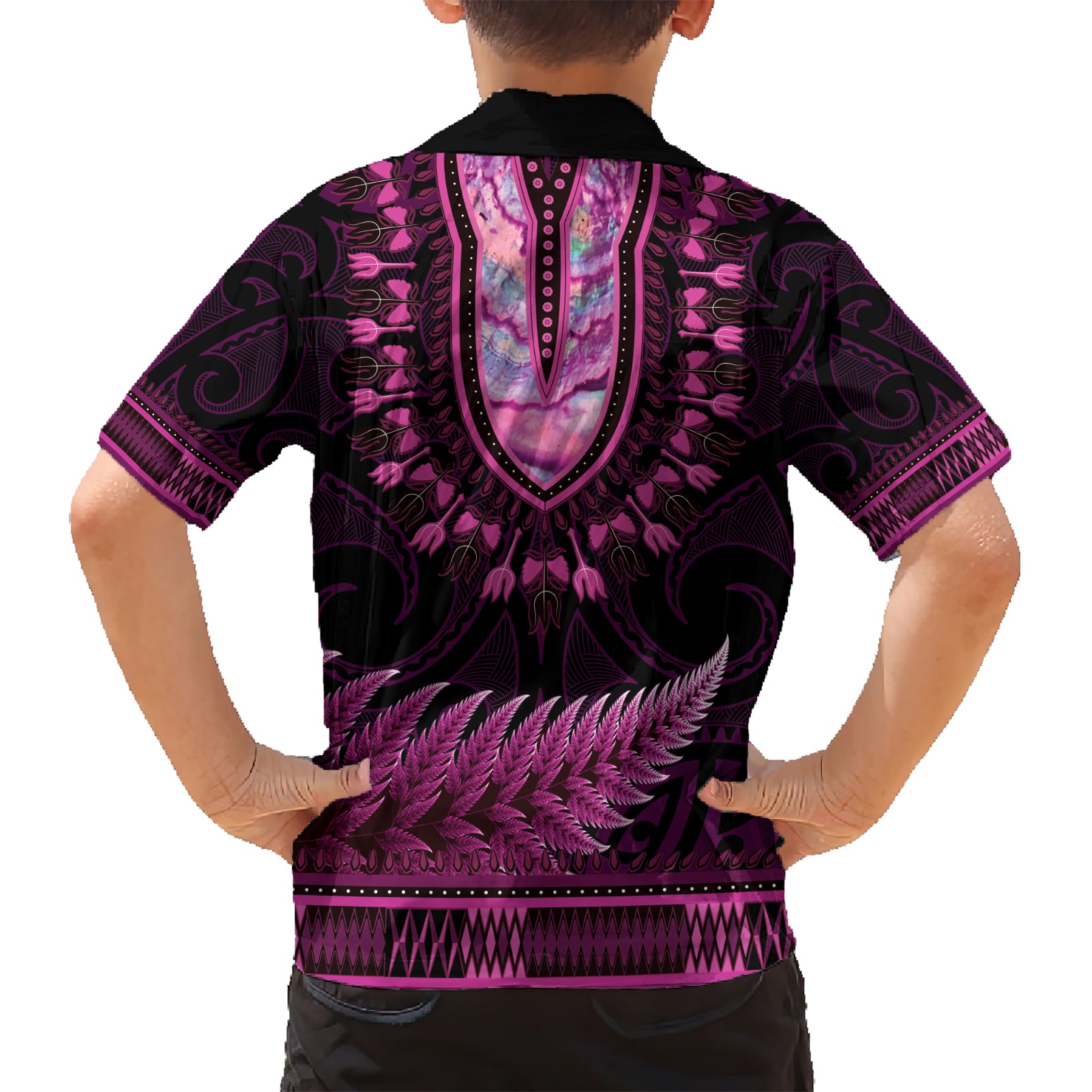 Pink African Dashiki With Aotearoa Maori Hawaiian Shirt Paua Shell Mix Silver Fern - Vibe Hoodie Shop