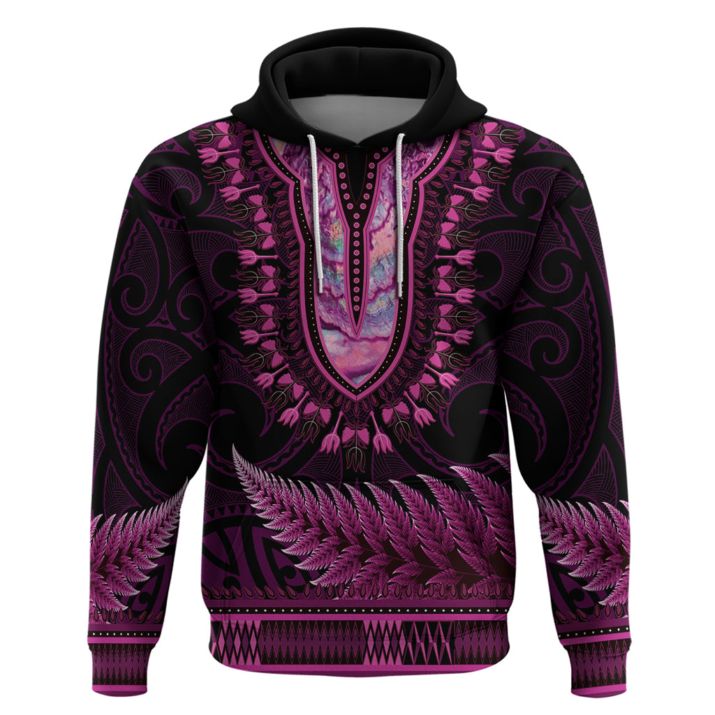 Pink African Dashiki With Aotearoa Maori Hoodie Paua Shell Mix Silver Fern - Vibe Hoodie Shop