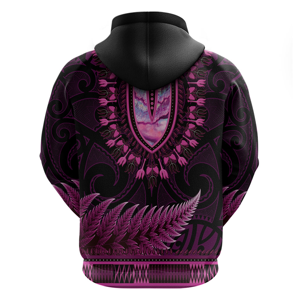 Pink African Dashiki With Aotearoa Maori Hoodie Paua Shell Mix Silver Fern - Vibe Hoodie Shop