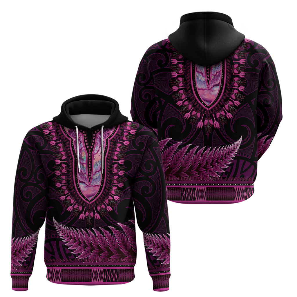 Pink African Dashiki With Aotearoa Maori Hoodie Paua Shell Mix Silver Fern - Vibe Hoodie Shop