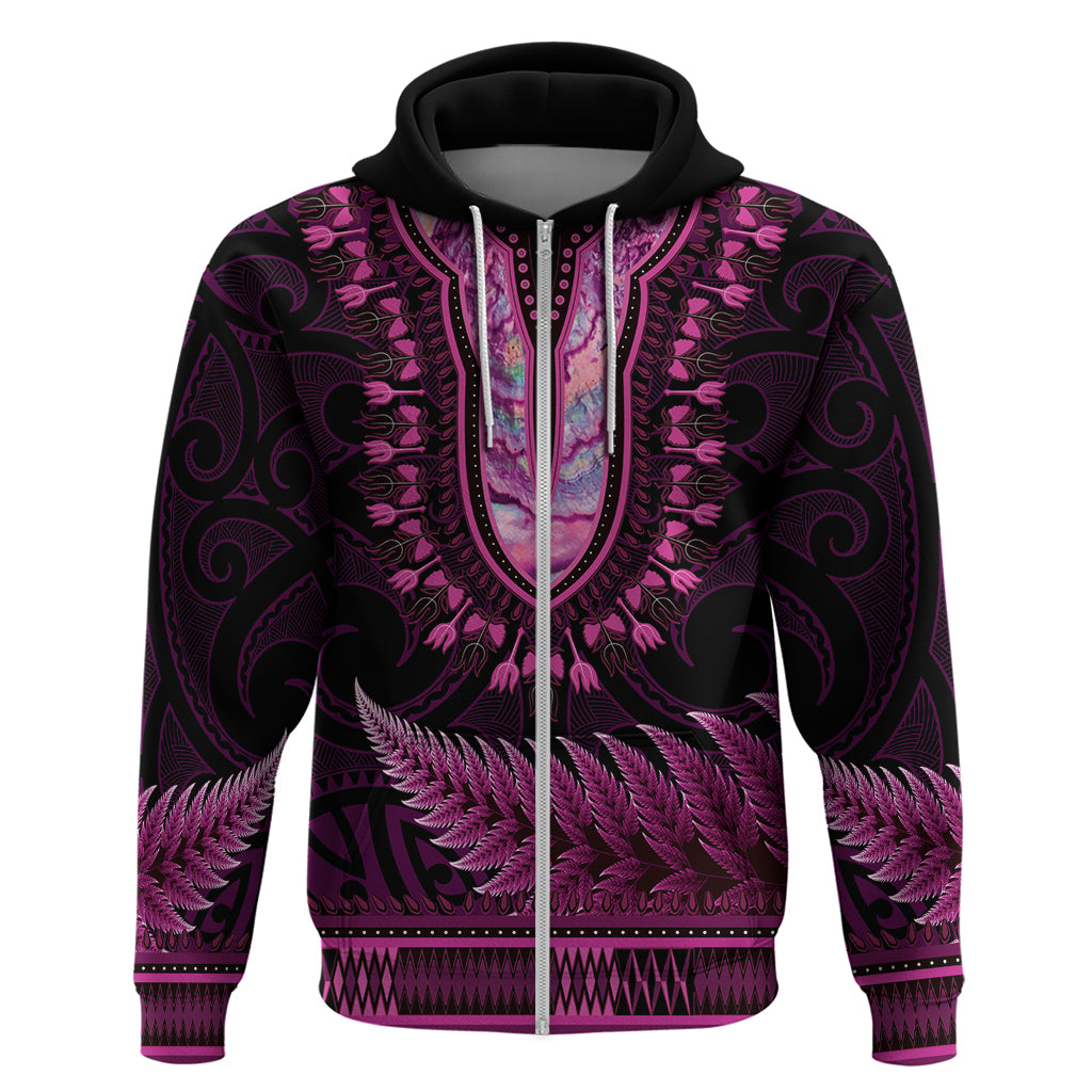 Pink African Dashiki With Aotearoa Maori Hoodie Paua Shell Mix Silver Fern - Vibe Hoodie Shop