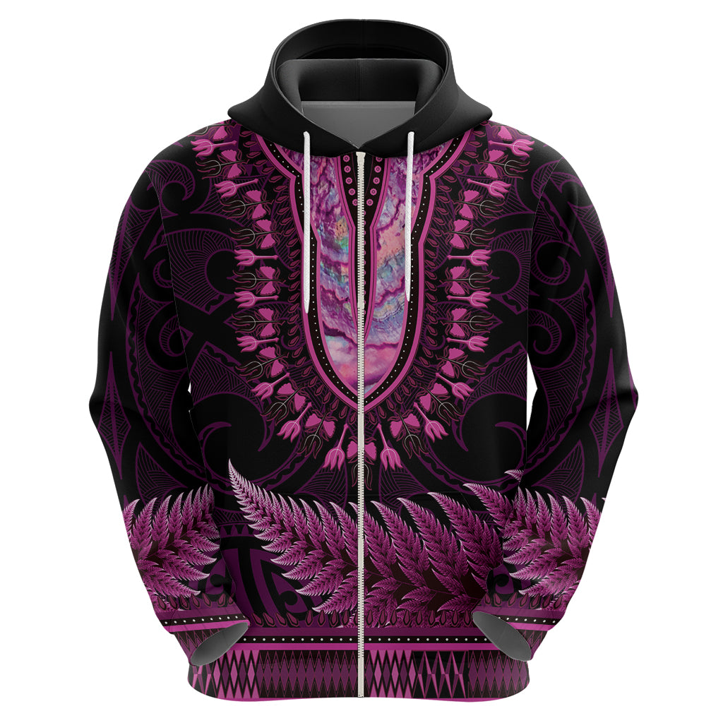 Pink African Dashiki With Aotearoa Maori Hoodie Paua Shell Mix Silver Fern - Vibe Hoodie Shop